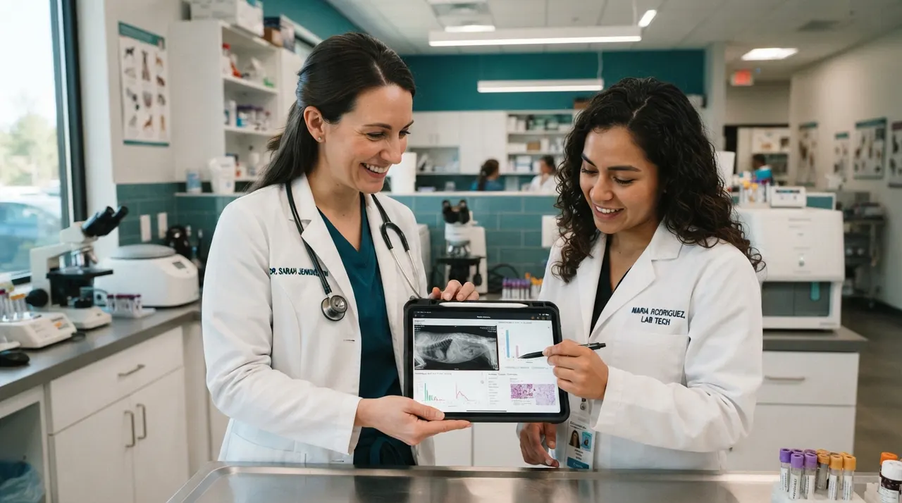 A veterinarian and a laboratory technician reviewing results together on a tablet