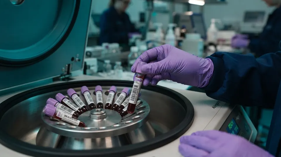 A laboratory technician loading blood sample tubes into a centrifuge